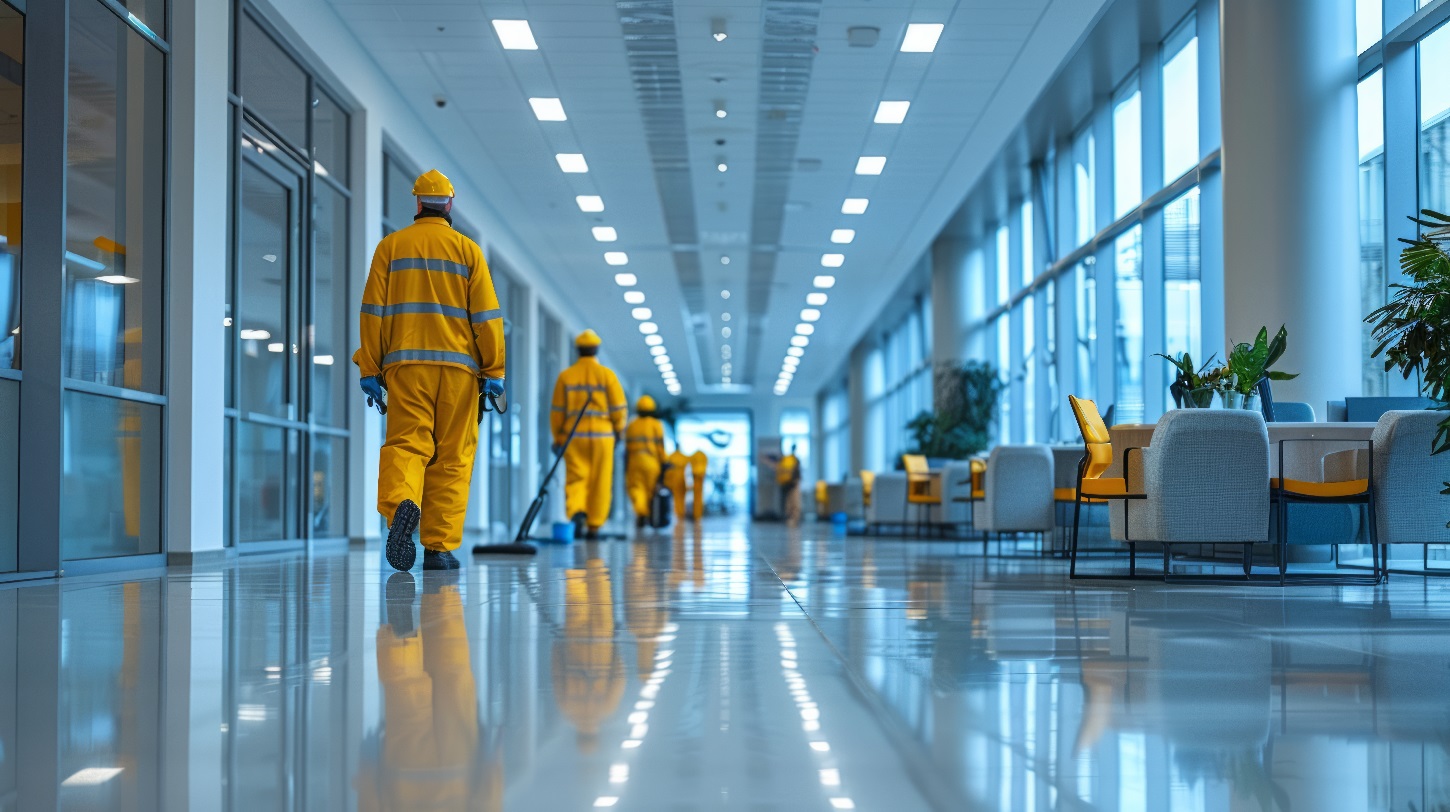 Professional commercial cleaners working in an office environment